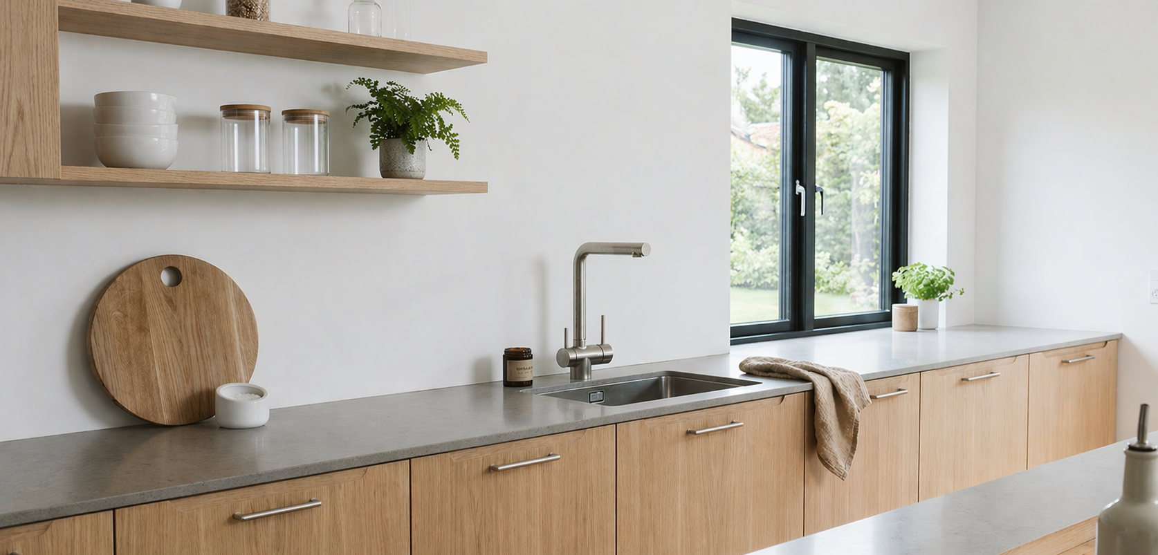 Modern kitchen mixer tap in stainless steel in a Scandinavian kitchen