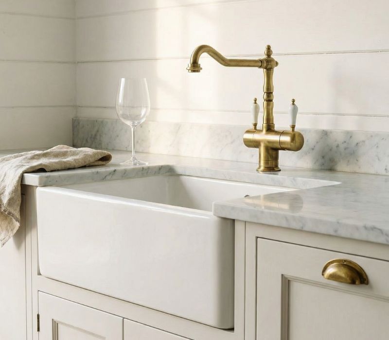 Kitchen mixer tap in bronze in a kitchen in classic style