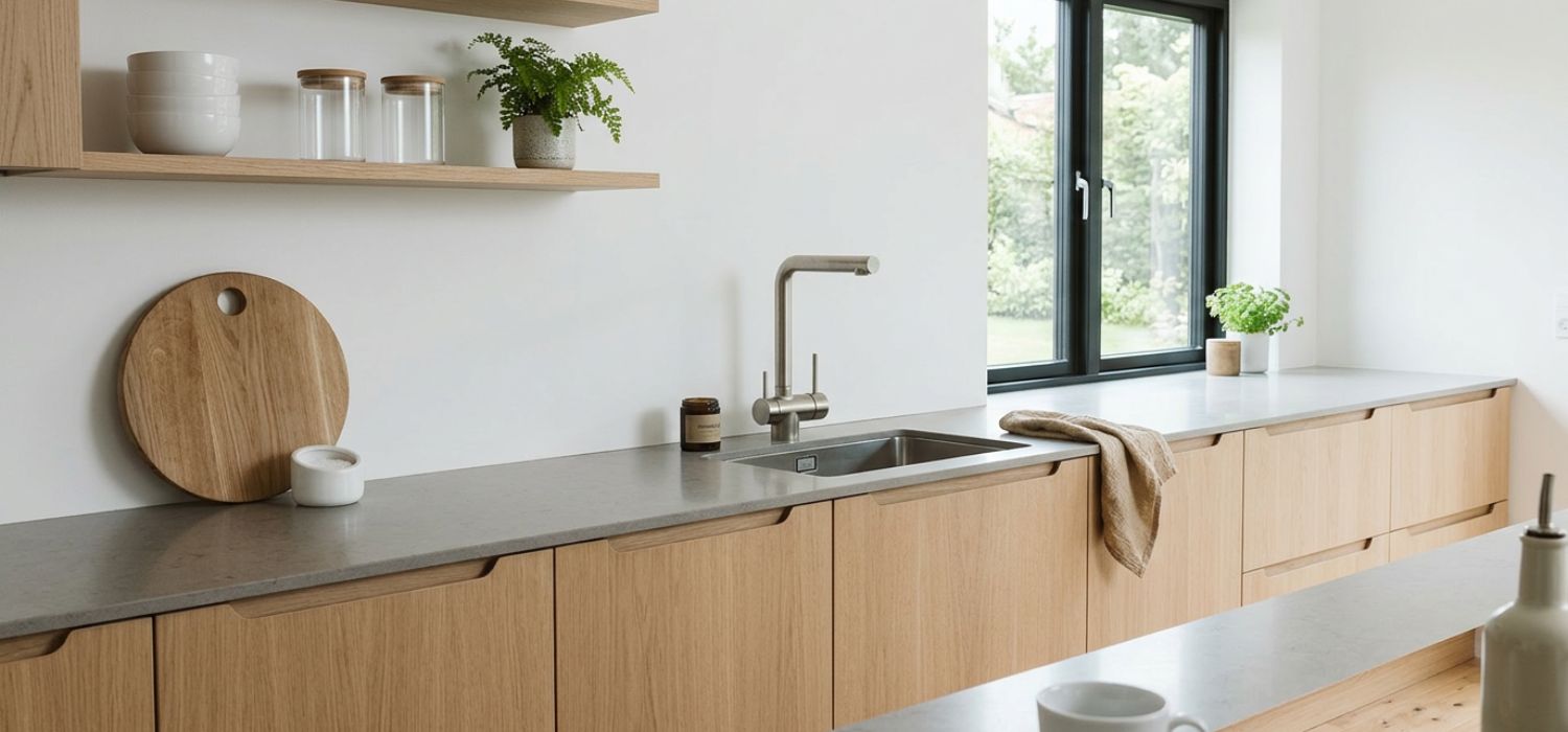 Modern kitchen mixer tap in stainless steel in a Scandinavian kitchen