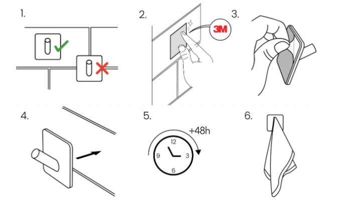 Installation steps for bathroom accessories with 3M tape