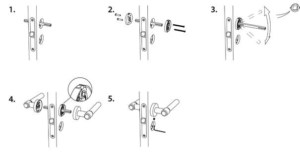 Installation steps 1 to 5 for a door handle with hidden screw