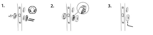 Installation steps 1 to 3 for the key plate on a door handle with hidden screw