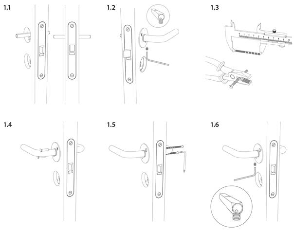 Installation steps 1 to 6 for a door handle with visible screw